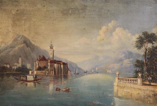 Late 19th century English School Italian lake scene, 13 x 19in., unframed